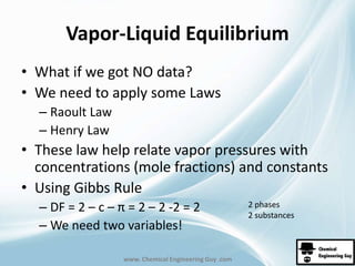 Vapor-Liquid Equilibrium 
• What if we got NO data? 
• We need to apply some Laws 
www. Chemical Engineering Guy .com 
– Raoult Law 
– Henry Law 
• These law help relate vapor pressures with 
concentrations (mole fractions) and constants 
• Using Gibbs Rule 
– DF = 2 – c – π = 2 – 2 -2 = 2 
– We need two variables! 
2 phases 
2 substances 
 