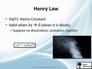 Henry Law 
• Ha(T): Henry Constant 
• Valid when Xa  0 (when it is dilute) 
– Suppose no dissociation, ionization, reaction 
www. Chemical Engineering Guy .com 
 