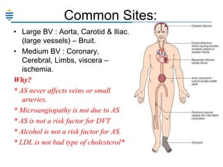 Common Sites:
• Large BV : Aorta, Carotid & Iliac.
(large vessels) – Bruit.
• Medium BV : Coronary,
Cerebral, Limbs, viscera –
ischemia.
Why?
* AS never affects veins or small
arteries.
* Microangiopathy is not due to AS
* AS is not a risk factor for DVT
* Alcohol is not a risk factor for AS.
* LDL is not bad type of cholesterol*

 