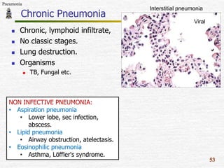 Pneumonia

Chronic Pneumonia

Interstitial pneumonia
Viral






Chronic, lymphoid infiltrate,
No classic stages.
Lung destruction.
Organisms


TB, Fungal etc.

NON INFECTIVE PNEUMONIA:
• Aspiration pneumonia
• Lower lobe, sec infection,
abscess.
• Lipid pneumonia
• Airway obstruction, atelectasis.
• Eosinophilic pneumonia
• Asthma, Löffler's syndrome.

53

 