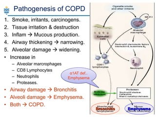 Pathogenesis of COPD
1. Smoke, irritants, carcinogens.
2. Tissue irritation & destruction
3. Inflam  Mucous production.
4. Airway thickening  narrowing.
5. Alveolar damage  widening.
• Increase in
–
–
–
–

Alveolar marcrophages
CD8 Lymphocytes
Neutrophils
Proteases.

α1AT def..
Emphysema

• Airway damage  Bronchitis
• Alveoli damage  Emphysema.
• Both  COPD.

Bronchitis

Emphysema

 