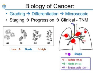 Biology of Cancer:
• Grading  Differentiation  Microscopic
• Staging  Progression  Clinical - TNM

Low 

Grade

 high

Stage
•T – Tumor (T1-4)
•N – Node (N1-3)
•M – Metastasis (M0-1)

 