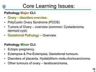 Core Learning Issues:
Pathology Major CLI:
• Ovary – disorders overview.
• PolyCystic Ovary Syndrome (PCOS)
• Tumors of Ovary – overview (common: Cystadenoma,
dermoid cyst)
• Gestational Pathology – Overview
Pathology Minor CLI:
• Ectopic pregnancy.
• Eclampsia & Pre-Eclampsia, Gestational tumours.
• Disorders of placenta, Hydatidiform mole,choriocarcinoma.
• Other tumours of ovary – teratocarcinoma,
12

 