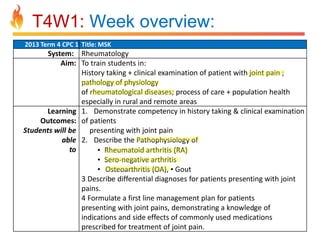 T4W1: Week overview:
2013 Term 4 CPC 1 Title: MSK

System: Rheumatology
Aim: To train students in:
History taking + clinical examination of patient with joint pain ;
pathology of physiology
of rheumatological diseases; process of care + population health
especially in rural and remote areas
Learning 1. Demonstrate competency in history taking & clinical examination
Outcomes: of patients
Students will be
presenting with joint pain
able 2. Describe the Pathophysiology of
to
• Rheumatoid arthritis (RA)
• Sero-negative arthritis
• Osteoarthritis (OA), • Gout
3 Describe differential diagnoses for patients presenting with joint
pains.
4 Formulate a first line management plan for patients
presenting with joint pains, demonstrating a knowledge of
indications and side effects of commonly used medications
prescribed for treatment of joint pain.

 