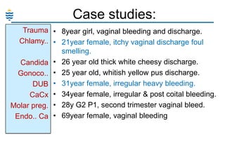 Case studies:
Trauma • 8year girl, vaginal bleeding and discharge.
Chlamy.. • 21year female, itchy vaginal discharge foul
smelling.
Candida • 26 year old thick white cheesy discharge.
Gonoco.. • 25 year old, whitish yellow pus discharge.
DUB • 31year female, irregular heavy bleeding.
CaCx • 34year female, irregular & post coital bleeding.
Molar preg. • 28y G2 P1, second trimester vaginal bleed.
Endo.. Ca • 69year female, vaginal bleeding

 
