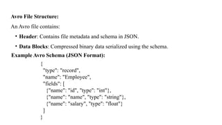 Avro File Structure:
An Avro file contains:
• Header: Contains file metadata and schema in JSON.
• Data Blocks: Compressed binary data serialized using the schema.
Example Avro Schema (JSON Format):
{
"type": "record",
"name": "Employee",
"fields": [
{"name": "id", "type": "int"},
{"name": "name", "type": "string"},
{"name": "salary", "type": "float"}
]
}
 