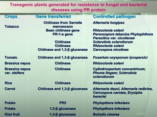 Transgenic plants generated for resistance to fungal and bacterial
diseases using PR protein
CropsCrops Gene transferredGene transferred Controlled pathogenControlled pathogen
TobaccoTobacco
Chitinase fromChitinase from SerratiaSerratia
marcescensmarcescens
Bean chitinase geneBean chitinase gene
PR-1-a genePR-1-a gene
ChitinaseChitinase
ChitinaseChitinase
Chitinase and 1,3-Chitinase and 1,3-ββ glucanaseglucanase
Alternaria longipesAlternaria longipes
Rhizoctonia solaniRhizoctonia solani
Peronospora tabacina PhytophthoraPeronospora tabacina Phytophthora
Parasitica var. nicotianaeParasitica var. nicotianae
Sclerotinia sclerotiorumSclerotinia sclerotiorum
Rhizoctonia solaniRhizoctonia solani
Cercospora nicotinaeCercospora nicotinae
TomatoTomato Chitinase and 1,3-Chitinase and 1,3-ββ glucanaseglucanase Fusarium oxysporum lycopersiciFusarium oxysporum lycopersici
Brassica napusBrassica napus ChitinaseChitinase Rhizoctonia solaniRhizoctonia solani
Brassica napusBrassica napus
var. oleiferavar. oleifera
ChitinaseChitinase Cylindrosporium concentricum;Cylindrosporium concentricum;
Phoma lingam; SclerotiniaPhoma lingam; Sclerotinia
sclerotiorumsclerotiorum
RiceRice ChitinaseChitinase Rhizoctonia solaniRhizoctonia solani
CarrotCarrot Chitinase and 1,3-Chitinase and 1,3-ββ glucanaseglucanase Alternaria dauci, Alternaria radicina,Alternaria dauci, Alternaria radicina,
Cercospora carotae, ErysipheCercospora carotae, Erysiphe
heracleiheraclei
PotatoPotato PR5PR5 Phytopthora infestansPhytopthora infestans
PotatoPotato 1,3-1,3-ββ glucanaseglucanase Phytopthora infestansPhytopthora infestans
Kiwi fruitKiwi fruit 1,3-1,3-ββ glucanaseglucanase Botrytis cinereaBotrytis cinerea S S Jena
 