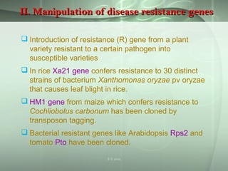 II. Manipulation of disease resistance genesII. Manipulation of disease resistance genes
 Introduction of resistance (R) gene from a plant
variety resistant to a certain pathogen into
susceptible varieties
 In rice Xa21 gene confers resistance to 30 distinct
strains of bacterium Xanthomonas oryzae pv oryzae
that causes leaf blight in rice.
 HM1 gene from maize which confers resistance to
Cochliobolus carbonum has been cloned by
transposon tagging.
 Bacterial resistant genes like Arabidopsis Rps2 and
tomato Pto have been cloned.
S S Jena
 