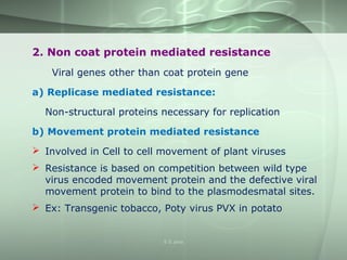 2. Non coat protein mediated resistance
Viral genes other than coat protein gene
a) Replicase mediated resistance:
Non-structural proteins necessary for replication
b) Movement protein mediated resistance
 Involved in Cell to cell movement of plant viruses
 Resistance is based on competition between wild type
virus encoded movement protein and the defective viral
movement protein to bind to the plasmodesmatal sites.
 Ex: Transgenic tobacco, Poty virus PVX in potato
S S Jena
 