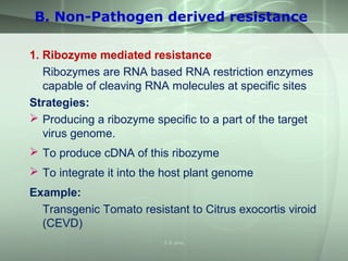 1. Ribozyme mediated resistance
Ribozymes are RNA based RNA restriction enzymes
capable of cleaving RNA molecules at specific sites
Strategies:
 Producing a ribozyme specific to a part of the target
virus genome.
 To produce cDNA of this ribozyme
 To integrate it into the host plant genome
Example:
Transgenic Tomato resistant to Citrus exocortis viroid
(CEVD)
B. Non-Pathogen derived resistance
S S Jena
 