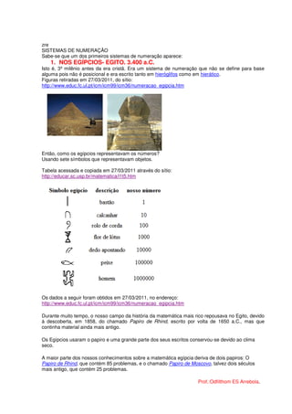zre
SISTEMAS DE NUMERAÇÂO
Sabe-se que um dos primeiros sistemas de numeração aparece:
   1. NOS EGÍPCIOS- EGITO. 3.400 a.C.
Isto é, 3º milênio antes da era cristã. Era um sistema de numeração que não se define para base
alguma pois não é posicional e era escrito tanto em hieróglifos como em hierático.
Figuras retiradas em 27/03/2011, do sítio:
http://www.educ.fc.ul.pt/icm/icm99/icm36/numeracao_egipcia.htm




Então, como os egípcios representavam os números?
Usando sete símbolos que representavam objetos.

Tabela acessada e copiada em 27/03/2011 através do sítio:
http://educar.sc.usp.br/matematica/l1t5.htm




Os dados a seguir foram obtidos em 27/03/2011, no endereço:
http://www.educ.fc.ul.pt/icm/icm99/icm36/numeracao_egipcia.htm

Durante muito tempo, o nosso campo da história da matemática mais rico repousava no Egito, devido
à descoberta, em 1858, do chamado Papiro de Rhind, escrito por volta de 1650 a.C., mas que
continha material ainda mais antigo.

Os Egípcios usaram o papiro e uma grande parte dos seus escritos conservou-se devido ao clima
seco.

A maior parte dos nossos conhecimentos sobre a matemática egípcia deriva de dois papiros: O
Papiro de Rhind, que contém 85 problemas, e o chamado Papiro de Moscovo, talvez dois séculos
mais antigo, que contém 25 problemas.

                                                                    Prof.:Odfilthom ES Arrebola.
 