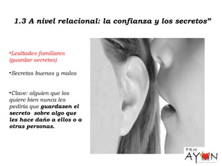 1.3 A nivel relacional: la confianza y los secretos”
•Lealtades familiares
(guardar secretos)
•Secretos buenos y malos
•Clave: alguien que los
quiere bien nunca les
pediría que guardasen el
secreto sobre algo que
les hace daño a ellos o a
otras personas.
 