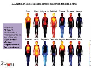 2. Legitimar la inteligencia somato-sensorial del niño o niña.
Incluir las
“tripas”,
propiciando el
reconocimiento en
los niños, del
lugar dónde
sienten
corporalmente
las emociones.
 