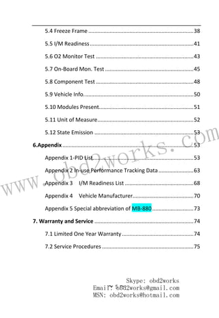 www.obd2works.com
~ 5 ~
5.4 Freeze Frame .....................................................................38
5.5 I/M Readiness....................................................................41
5.6 O2 Monitor Test ................................................................43
5.7 On-Board Mon. Test ..........................................................45
5.8 Component Test ................................................................48
5.9 Vehicle Info........................................................................50
5.10 Modules Present..............................................................51
5.11 Unit of Measure...............................................................52
5.12 State Emission .................................................................53
6.Appendix......................................................................................53
Appendix 1-PID List..................................................................53
Appendix 2 In-use Performance Tracking Data.......................63
Appendix 3 I/M Readiness List .............................................68
Appendix 4 Vehicle Manufacturer........................................70
Appendix 5 Special abbreviation of MB-880...........................73
7. Warranty and Service .................................................................74
7.1 Limited One Year Warranty...............................................74
7.2 Service Procedures ............................................................75
Skype: obd2works
Email: obd2works@gmail.com
MSN: obd2works@hotmail.com
 