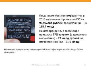 По данным Минэкономразвития, в
2015 году госсектор закупил ПО на
93,9 млрд рублей, госкомпании – на
118,4 млрд .
На импортное ПО в госсекторе
пришлось 77% закупок (в денежном
выражении) – 72 млрд рублей, на
отечественное ПО – 21,9 млрд.
МВА Информационная безопасность (CSO) 14
Количество контрактов на покупку российского софта выросло в 2015 году более
чем вдвое.
 