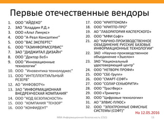 1. ООО "АЙДЕКО"
2. ЗАО "Аладдин Р.Д.»
3. ООО «Альт Линукс»
4. ООО "А-Реал Консалтинг"
5. ООО "ВАС ЭКСПЕРТС"
6. ООО "ГАЗИНФОРМСЕРВИС"
7. ЗАО "ДИДЖИТАЛ ДИЗАЙН"
8. ООО "Доктор Веб»
9. ООО "Инновационные
технологии"
10. ООО "Иновентика технолоджес"
11. ООО "ИНТЕЛЛЕКТУАЛЬНЫЙ
РЕЗЕРВ"
12. АО "ИНФОВОТЧ»
13. ЗАО "ИНФОРМАЦИОННАЯ
ВНЕДРЕНЧЕСКАЯ КОМПАНИЯ"
14. ООО "КОД БЕЗОПАСНОСТИ»
15. ООО "КОМПАНИЯ "ТЕНЗОР"
16. ООО "КОНФИДЕНТ"
МВА Информационная безопасность (CSO) 53
Первые отечественные вендоры
17. ООО "КРИПТОКОМ»
18. ООО "КРИПТО-ПРО"
19. АО "ЛАБОРАТОРИЯ КАСПЕРСКОГО»
20. ООО "МФИ Софт»
21. АО "НАУЧНО-ПРОИЗВОДСТВЕННОЕ
ОБЪЕДИНЕНИЕ РУССКИЕ БАЗОВЫЕ
ИНФОРМАЦИОННЫЕ ТЕХНОЛОГИИ"
22. ЗАО «Научно-производственное
объединение «Эшелон»
23. ЗАО "Национальный
удостоверяющий центр"
24. ООО "НЕТВОРК ПРОФИ»
25. ООО "СБЕ-Групп»
26. ООО "СМАРТ-СОФТ»
27. ООО "СОЛАР СЕКЬЮРИТИ»
28. ООО "ТрастВерс»
29. ООО «Триметр»
30. ООО "Цифровые технологии»
31. АО "ЭЛВИС-ПЛЮС»
32. ООО "ЭЛЕКТРОННЫЕ ОФИСНЫЕ
СИСТЕМЫ (СОФТ)"
На 12.05.2016
 