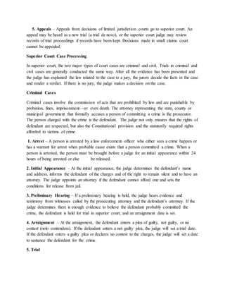 5. Appeals – Appeals from decisions of limited jurisdiction courts go to superior court. An
appeal may be heard as a new trial (a trial de novo), or the superior court judge may review
records of trial proceedings if records have been kept. Decisions made in small claims court
cannot be appealed.
Superior Court Case Processing
In superior court, the two major types of court cases are criminal and civil. Trials in criminal and
civil cases are generally conducted the same way. After all the evidence has been presented and
the judge has explained the law related to the case to a jury, the jurors decide the facts in the case
and render a verdict. If there is no jury, the judge makes a decision on the case.
Criminal Cases
Criminal cases involve the commission of acts that are prohibited by law and are punishable by
probation, fines, imprisonment—or even death. The attorney representing the state, county or
municipal government that formally accuses a person of committing a crime is the prosecutor.
The person charged with the crime is the defendant. The judge not only ensures that the rights of
defendant are respected, but also the Constitutional provision and the statutorily required rights
afforded to victims of crime.
1. Arrest – A person is arrested by a law enforcement officer who either sees a crime happen or
has a warrant for arrest when probable cause exists that a person committed a crime. When a
person is arrested, the person must be brought before a judge for an initial appearance within 24
hours of being arrested or else be released.
2. Initial Appearance – At the initial appearance, the judge determines the defendant’s name
and address, informs the defendant of the charges and of the right to remain silent and to have an
attorney. The judge appoints an attorney if the defendant cannot afford one and sets the
conditions for release from jail.
3. Preliminary Hearing – If a preliminary hearing is held, the judge hears evidence and
testimony from witnesses called by the prosecuting attorney and the defendant’s attorney. If the
judge determines there is enough evidence to believe the defendant probably committed the
crime, the defendant is held for trial in superior court, and an arraignment date is set.
4. Arraignment – At the arraignment, the defendant enters a plea of guilty, not guilty, or no
contest (nolo contendere). If the defendant enters a not guilty plea, the judge will set a trial date.
If the defendant enters a guilty plea or declares no contest to the charges, the judge will set a date
to sentence the defendant for the crime.
5. Trial
 