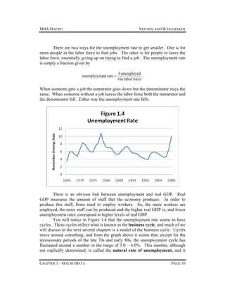 MBA MACRO

NEILSON AND WANAMAKER

There are two ways for the unemployment rate to get smaller. One is for
more people in the labor force to find jobs. The other is for people to leave the
labor force, essentially giving up on trying to find a job. The unemployment rate
is simply a fraction given by
unemployment rate 

# unemployed
.
# in labor force

When someone gets a job the numerator goes down but the denominator stays the
same. When someone without a job leaves the labor force both the numerator and
the denominator fall. Either way the unemployment rate falls.

There is an obvious link between unemployment and real GDP. Real
GDP measures the amount of stuff that the economy produces. In order to
produce this stuff, firms need to employ workers. So, the more workers are
employed, the more stuff can be produced and the higher real GDP is, and lower
unemployment rates correspond to higher levels of real GDP.
You will notice in Figure 1.4 that the unemployment rate seems to have
cycles. These cycles reflect what is known as the business cycle, and much of we
will discuss in the next several chapters is a model of the business cycle. Cycles
move around something, and from the graph above it seems that, except for the
recessionary periods of the late 70s and early 80s, the unemployment cycle has
fluctuated around a number in the range of 5.0 – 6.0%. This number, although
not explicitly determined, is called the natural rate of unemployment, and it
CHAPTER 1 – MACRO DATA

PAGE 10

 