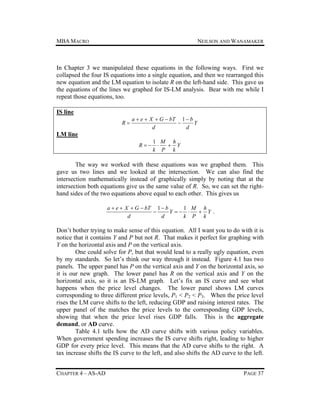 MBA MACRO

NEILSON AND WANAMAKER

In Chapter 3 we manipulated these equations in the following ways. First we
collapsed the four IS equations into a single equation, and then we rearranged this
new equation and the LM equation to isolate R on the left-hand side. This gave us
the equations of the lines we graphed for IS-LM analysis. Bear with me while I
repeat those equations, too.
IS line
R

a  e  X  G  bT 1  b

Y
d
d

LM line
R

1 M h

 Y
k P k

The way we worked with these equations was we graphed them. This
gave us two lines and we looked at the intersection. We can also find the
intersection mathematically instead of graphically simply by noting that at the
intersection both equations give us the same value of R. So, we can set the righthand sides of the two equations above equal to each other. This gives us
a  e  X  G  bT 1  b
1 M h

Y  
 Y.
d
d
k P k

Don’t bother trying to make sense of this equation. All I want you to do with it is
notice that it contains Y and P but not R. That makes it perfect for graphing with
Y on the horizontal axis and P on the vertical axis.
One could solve for P, but that would lead to a really ugly equation, even
by my standards. So let’s think our way through it instead. Figure 4.1 has two
panels. The upper panel has P on the vertical axis and Y on the horizontal axis, so
it is our new graph. The lower panel has R on the vertical axis and Y on the
horizontal axis, so it is an IS-LM graph. Let’s fix an IS curve and see what
happens when the price level changes. The lower panel shows LM curves
corresponding to three different price levels, P1 < P2 < P3. When the price level
rises the LM curve shifts to the left, reducing GDP and raising interest rates. The
upper panel of the matches the price levels to the corresponding GDP levels,
showing that when the price level rises GDP falls. This is the aggregate
demand, or AD curve.
Table 4.1 tells how the AD curve shifts with various policy variables.
When government spending increases the IS curve shifts right, leading to higher
GDP for every price level. This means that the AD curve shifts to the right. A
tax increase shifts the IS curve to the left, and also shifts the AD curve to the left.
CHAPTER 4 – AS-AD

PAGE 37

 