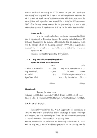 100
march, purchased machinery for rs.1,50,000 on 1st april 2002. Additional
machinery was acquired for rs.40,000 on 30th september 2003 and for
rs.25,000 on 1st april 2005. Certain machinery which was purchased for
rs.40,000 on 30th september 2003 was sold for rs.34,000 on 30th september
2005. Give the machinery account for the year ending 31st march 2006
taking into account depreciation at 10% p.a. On the written down value.
	 Question 2:
		 A seven years lease has been purchased for a sum of rs.60,000
and it is proposed to depreciate it under the annuity method charging 4%
interest. Reference to the annuity table indicates that the required result
will be brought about by charging annually rs.9996.55 to depreciation
account. Show how the lease account will appear in each of the seven years.
	 Question 3:
	 Examine the need for providing depreciation.
2.1.3.11 Key To Self Assessment Questions
	 Question 1: Machinery Account
2005 2005
April 1 to balance b/d 	 1,43,550 	 Sep 30 by depreciation 1,710
Sep 30 to bank 		 25,000 		 by bank 	 34,000
to p&l a/c 	 	 1,510 	 2006 by depreciation 13,435
(profit on sale) 			 mar 31 by balance c/d 1,20,915
			
1,70,060 		 1,70,060	
			
Question 2:
		 Interest for seven years:
1st year: rs.2,400; 2nd year: rs.2,096.14; 3rd year: rs.1,780.12; 4th year:
Rs.1,451.46; 5th year: rs.1,109.66; 6th year: rs.754.19; 7th year: rs.384.28.
2.1.3.12 Case Analysis
	 Pondicherry roadways ltd. Which depreciates its machinery at
10% p.a. On written down value desires to change the basis to straight
line method, the rate remaining the same. The decision is taken on 31st
december 2005 to be effective from 1st january 2003.
On 1st january 2005, the balance in the machinery account is rs.29,16,000.
On 1st july 2005, a part of machinery purchased on 1st january 2003 for
 