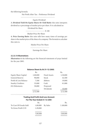 127
the following formula:
		 Net Profit After Tax – Preference Dividend
	 -------------------------------------------------
				Equity Dividend
3. Dividend Yield On Equity Shares Or Yield Ratio: this ratio interprets
dividend as a percentage of market price per share. It is calculated as:
			 Dividend Per Share
		 --------------------------- X 100
			 Market Price Per Share
4. Price Earning Ratio: this ratio tells how many times of earnings per
share is the market price of the share of a company. The formula to calculate
this ratio is:
			 Market Price Per Share
			 ---------------------------
				Earnings Per Share
2.2.3.13 Illustrations
Illustration 4: the following are the financial statements of yesye limited
for the year 2005.
			 Balance Sheet As At 31-12-2005
				 Rs. 					Rs.
Equity Share Capital 		 1,00,000 	 Fixed Assets 	 1,50,000
General Reserve 		 90,000 	 Stock 		 	 42,500
Profit & Loss Balance 	 7,500 	 debtors 	 19,000
Sundry Creditors 		 35,000 	 Cash 		 	 61,000
6% Debentures 		 30,000 	 Proposed
Dividends 	 10,000
2,72,500 2,72,500
---------------------------------------------------------------------------------
Trading And Profit And Loss Account
For The Year Ended 31-12-2005
				 Rs. Rs.
To Cost Of Goods Sold 	 1,80,000 	 By Sales 		 3 ,00,000
To Gross Profit C/D 		 1,20,000
3,00,000 3,00,000
				
 