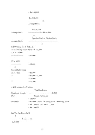 131
= Rs.2,40,000
Rs.2,40,000
------------------ = 6
Average Stock
Rs.2,40,000
Average Stock	 = --------------- = Rs.40,000
6
Opening Stock + Closing Stock
Average Stock 	 = --------------------------------------
2
Let Opening Stock Be Rs.X.
Then Closing Stock Will Be X + 5,000
X + X + 5,000
---------------- 	 = 40,000
2
2X + 5,000
-------------- 		 = 40,000
2
Cross Multiplying
2X + 5,000 		 = 80,000
2X			 = 80,000 – 5,000
			= 75,000
X 			 = 37,500
4. Calculation Of Creditors
Total Creditors
Creditors’ Velocity	 = ------------------------------ X 365
Days 				Credit Purchases
= 73 Days
Purchase 		 = Cost Of Goods + Closing Stock – Opening Stock
= Rs.2,40,000 + 42,500 – 37,500
= Rs.2,45,000
Let The Creditors Be X
X
-------------- X 365 = 73
2,45,000
 