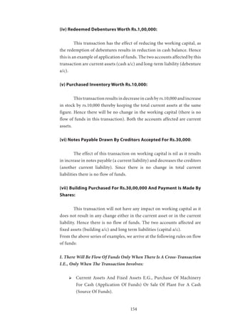 154
(iv) Redeemed Debentures Worth Rs.1,00,000:
	 This transaction has the effect of reducing the working capital, as
the redemption of debentures results in reduction in cash balance. Hence
this is an example of application of funds. The two accounts affected by this
transaction are current assets (cash a/c) and long-term liability (debenture
a/c).
(v) Purchased Inventory Worth Rs.10,000:
	 This transaction results in decrease in cash by rs.10,000 and increase
in stock by rs.10,000 thereby keeping the total current assets at the same
figure. Hence there will be no change in the working capital (there is no
flow of funds in this transaction). Both the accounts affected are current
assets.
(vi) Notes Payable Drawn By Creditors Accepted For Rs.30,000:
	 The effect of this transaction on working capital is nil as it results
in increase in notes payable (a current liability) and decreases the creditors
(another current liability). Since there is no change in total current
liabilities there is no flow of funds.
(vii) Building Purchased For Rs.30,00,000 And Payment Is Made By
Shares:
	 This transaction will not have any impact on working capital as it
does not result in any change either in the current asset or in the current
liability. Hence there is no flow of funds. The two accounts affected are
fixed assets (building a/c) and long term liabilities (capital a/c).
From the above series of examples, we arrive at the following rules on flow
of funds:
I. There Will Be Flow Of Funds Only When There Is A Cross-Transaction
I.E., Only When The Transaction Involves:
ՖՖ 	Current Assets And Fixed Assets E.G., Purchase Of Machinery
For Cash (Application Of Funds) Or Sale Of Plant For A Cash
(Source Of Funds).
 