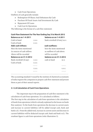 169
ՖՖ Cash From Operations
Outflows of cash generally include:
ՖՖ Redemption Of Shares And Debentures By Cash
ՖՖ Purchase Of Fixed Assets And Investments By Cash
ՖՖ Repayment Of Loans
ՖՖ Cash Lost In Operations
The following is the format of a cash flow statement:
Cash Flow Statement For The Year Ending Say 31st March 2012
Balance as on 1-4-2011 			 balance as on 1-4-2011
Cash in hand 			 x x x 		 bank overdraft (if any) xx x
Cash at bank 		 x x x
Add: cash inflows: 			 cash outflows:
Here the items mentioned 			 here the items mentioned
As sources of cash inflows 			 as outflows of cash above
Above will be recorded 			 will be recorded
Balance as on 31-3-2012 			 balance as on 31-3-2012
Bank overdraft (if any)	 x x x 		 cash in hand 		 xx x
Cash at bank 		 x x x
			 ------ 					 ------
				x x x 					x x x
			 ------ 					 ------
---------------------------------------------------------------------------------
The accounting standard 3 issued by the institute of chartered accountants
of india requires the companies to prepare cash flow statement and present
them as part of their annual reports.
3.1.3.8 Calculation of Cash From Operations
	 The important step in the preparation of cash flow statement is the
calculation of cash from operations. It is calculated as follows:
The first step in the calculation of cash from operations is the calculation
of funds from operations (which is already explained in the lesson on funds
flow analysis). To the funds from operations the decrease in current assets
and increase in current liabilities will be added (except cash, bank and
bank o.d.). From the added total, increase in current assets and decrease in
current liabilities will be deducted (except cash, bank and bank o.d.). The
resultant figure is cash from operations (refer illustration 3).
 