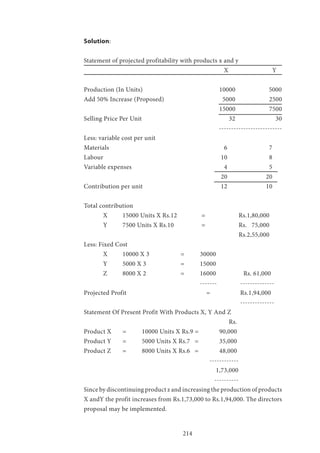 214
Solution:
Statement of projected profitability with products x and y
							 X 		 Y
Production (In Units) 				 10000 5000
Add 50% Increase (Proposed) 			 5000 		 2500
							 15000 		 7500
Selling Price Per Unit 				 32 		 30
						 --------------------------
Less: variable cost per unit
Materials 					 	 6 		 7
Labour 					 	 10 		 8
Variable expenses 				 	 4 		 5
							 20 		 20
Contribution per unit 	 		 12 	 	 10
Total contribution
	 X 	 15000 Units X Rs.12 		 = 		 Rs.1,80,000
	 Y 	 7500 Units X Rs.10		 = 		 Rs. 75,000
								Rs.2,55,000
Less: Fixed Cost
	 X 	 10000 X 3 		 = 	 30000
	 Y 	 5000 X 3 		 =	 15000
	 Z 	 8000 X 2 		 = 	 16000 		 Rs. 61,000
						------- 		 --------------
Projected Profit 				 = 	 Rs.1,94,000
								 --------------
Statement Of Present Profit With Products X, Y And Z
	 Rs.
Product X 	 = 	 10000 Units X Rs.9 = 	 90,000
Product Y 	 = 	 5000 Units X Rs.7 = 	 35,000
Product Z 	 = 	 8000 Units X Rs.6 = 	 48,000
						 ------------
						 1,73,000
						 ----------
Since by discontinuing product z and increasing the production of products
X andY the profit increases from Rs.1,73,000 to Rs.1,94,000. The directors
proposal may be implemented.
 