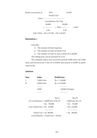 224
Break-even points at 		 50% 			 at 90%
				Fixed Costs
		 Units = ---------------------------
			 Contribution Per Unit
			 30,000 		 30,000
		 = ---------- 	 = 6818 ----------	 = 6667
			 4.40 		 4.50
	 Sales Value = Rs.1,32,269 	= Rs.1,26,667
Illustration 6:
	Calculate:
ՖՖ The amount of fixed expenses
ՖՖ The number of units to break-even
ՖՖ The number of units to earn a profit of rs.40,000
	 The selling price can be assumed as rs.10.
	 The company sold in two successive periods 9,000 units and 7,000
units and has incurred a loss of rs.10,000 and earned rs.10,000 as profit
respectively.
Solution:
Year 		Sales 			Profit/Loss
I 		 7,000 Units		 Rs. (- )10,000
II		 9,000 Units 		 Rs. (+)10,000
		 ------- 			 ----------
		2,000 				20,000 (Change)
		 ------- 			 ----------
					Year I 			Year II
(I) Contribution = 9,000Units X Rs.10 	 7,000Units Xrs.10
			 = Rs. 90,000 		 = Rs. 70,000
Less: Profit/Loss = Rs. -10,000 			 = Rs.+10,000
			 ----------- 			 --------------
	 Fixed Cost = Rs. 80,000 			 = Rs. 80,000
	 (Contribution = Fixed Cost + Profit)
	
 