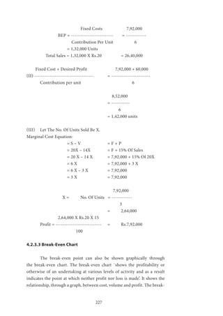 227
				 Fixed Costs 		 7,92,000
		 BEP = ------------------------- 	 = ------------
	 		 Contribution Per Unit 		 6
			= 1,32,000 Units
	 Total Sales = 1,32,000 X Rs.20 		 = 26,40,000
Fixed Cost + Desired Profit 	 	 7,92,000 + 60,000
(II) ----------------------------------- 	 = -----------------------
	 Contribution per unit 		 	 6
					 	 8,52,000
						= -----------
					 	 6
						= 1,42,000 units
(III) 	 Let The No. Of Units Sold Be X.
Marginal Cost Equation:
			 = S – V 		 = F + P
			 = 20X – 14X 		 = F + 15% Of Sales
			 = 20 X – 14 X 		 = 7,92,000 + 15% Of 20X
			 = 6 X			 = 7,92,000 + 3 X
			 = 6 X – 3 X 		 = 7,92,000
			= 3 X 			= 7,92,000
	 					 7,92,000
		 X = 	 No. Of Units = ------------
						 3
	 					 = 	 2,64,000
		 2,64,000 X Rs.20 X 15
	 Profit = --------------------------- 	 = 	 Rs.7,92,000
			 100
4.2.3.3 Break-Even Chart
	 The break-even point can also be shown graphically through
the break-even chart. The break-even chart `shows the profitability or
otherwise of an undertaking at various levels of activity and as a result
indicates the point at which neither profit nor loss is made’. It shows the
relationship, through a graph, between cost, volume and profit. The break-
 