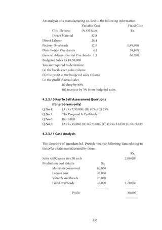 236
An analysis of a manufacturing co. Led to the following information:
				 Variable Cost 		 Fixed Cost
	 Cost Element 		 (% Of Sales) 			 	 Rs.
	 Direct Material 	 32.8
Direct Labour 			 28.4
Factory Overheads 			 12.6 			 1,89,900
Distribution Overheads 		 4.1 			 58,400
General Administration Overheads 1.1 			 66,700
Budgeted Sales Rs.18,50,000
You are required to determine:
(a) the break-even sales volume
(b) the profit at the budgeted sales volume
(c) the profit if actual sales
		 (i) drop by 80%
		 (ii) increase by 5% from budgeted sales.
4.2.3.10 Key To Self Assessment Questions
	 (for problems only)
Q.No.4: 	 (A) Rs.7,50,000; (B) 40%; (C) 25%
Q.No.5: 	 The Proposal Is Profitable
Q.No.6: 	 Rs.10,000
Q.No.7: 	 (A) Rs.15,000; (B) Rs.73,000; (C) (I) Rs.34,650; (Ii) Rs.9,925
4.2.3.11 Case Analysis
The directors of anandam ltd. Provide you the following data relating to
the cylce chain manufactured by them:
									Rs.
Sales 4,000 units @rs.50 each 			 	 2,00,000
Production cost details: 			 Rs.
	 Materials consumed 	 	 80,000
	 Labour cost 			 40,000
	 Variable overheads 		 20,000
	 Fixed overheads 		 30,000 	 	 1,70,000
					 ---------- 	 ----------
			 Profit 					 30,000
								 ----------
 