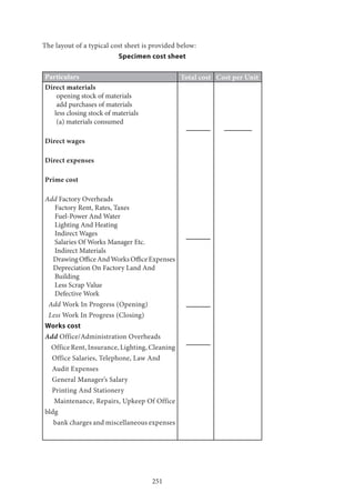 251
The layout of a typical cost sheet is provided below:
Specimen cost sheet
Particulars Total cost Cost per Unit
Direct materials
opening stock of materials
add purchases of materials
less closing stock of materials
(a) materials consumed
Direct wages
Direct expenses
Prime cost
Add Factory Overheads
Factory Rent, Rates, Taxes
Fuel-Power And Water
Lighting And Heating
Indirect Wages
Salaries Of Works Manager Etc.
Indirect Materials
DrawingOfficeAndWorksOfficeExpenses
Depreciation On Factory Land And
Building
Less Scrap Value
Defective Work
Add Work In Progress (Opening)
Less Work In Progress (Closing)
Works cost
Add Office/Administration Overheads
Office Rent, Insurance, Lighting, Cleaning
Office Salaries, Telephone, Law And
Audit Expenses
General Manager’s Salary
Printing And Stationery
Maintenance, Repairs, Upkeep Of Office
bldg
bank charges and miscellaneous expenses
 