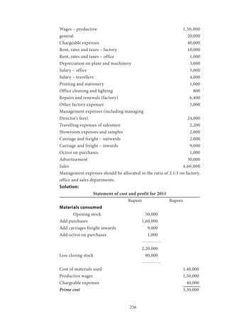 256
Wages – productive 							1,50,000
general 						 20,000
Chargeable expenses 					 	 40,000
Rent, rates and taxes – factory 				 10,000
Rent, rates and taxes – office 				 	 1,000
Depreciation on plant and machinery 			 3,000
Salary – office 						 5,000
Salary – travellers 						 4,000
Printing and stationery 					 1,000
Office cleaning and lighting 				 		 800
Repairs and renewals (factory) 				 	 6,400
Other factory expenses 					 	 5,000
Management expenses (including managing
Director’s fees) 						 24,000
Travelling expenses of salesmen 				 2,200
Showroom expenses and samples 				 2,000
Carriage and freight – outwards 				 2,000
Carriage and freight – inwards 				 9,000
Octroi on purchases 						 1,000
Advertisement 						 30,000
Sales 									4,60,000
Management expenses should be allocated in the ratio of 2:1:3 on factory,
office and sales departments.
Solution:
Statement of cost and profit for 2011
					Rupees 		Rupees
Materials consumed
	 Opening stock 			 50,000
Add purchases 				1,60,000
Add carriages freight inwards 		 9,000
Add octroi on purchases 			 1,000
						-----------
						2,20,000
Less closing stock 				 80,000
						-----------
Cost of materials used 						1,40,000
Productive wages 							1,50,000
Chargeable expenses 						 	 40,000	
Prime cost 								3,30,000
 