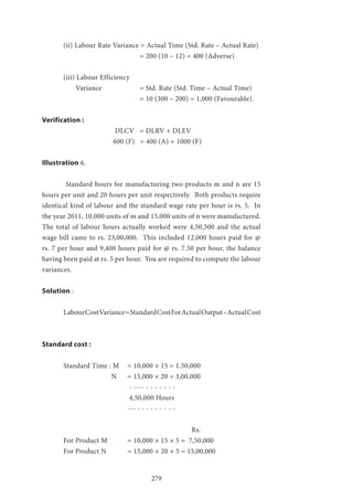 279
	 (ii) Labour Rate Variance = Actual Time (Std. Rate – Actual Rate)
				 = 200 (10 – 12) = 400 (Adverse)
	 (iii) Labour Efficiency
	 Variance		 = Std. Rate (Std. Time – Actual Time)
				 = 10 (300 – 200) = 1,000 (Favourable).
Verification :
			 DLCV = DLRV + DLEV
			 600 (F) = 400 (A) + 1000 (F)
Illustration 6.
	 Standard hours for manufacturing two products m and n are 15
hours per unit and 20 hours per unit respectively. Both products require
identical kind of labour and the standard wage rate per hour is rs. 5. In
the year 2011, 10,000 units of m and 15,000 units of n were manufactured.
The total of labour hours actually worked were 4,50,500 and the actual
wage bill came to rs. 23,00,000. This included 12,000 hours paid for @
rs. 7 per hour and 9,400 hours paid for @ rs. 7.50 per hour, the balance
having been paid at rs. 5 per hour. You are required to compute the labour
variances.
Solution :
	 LabourCostVariance=StandardCostForActualOutput–ActualCost
Standard cost :
	 Standard Time : M	 = 10,000 × 15 = 1,50,000
			 N = 15,000 × 20 = 3,00,000
				 - ---- - - - - - - -
				 4,50,000 Hours
				 --- - - - - - - - - -
							Rs.
	 For Product M	 = 10,000 × 15 × 5 = 7,50,000
	 For Product N = 15,000 × 20 × 5 = 15,00,000
 