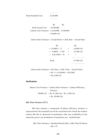 280
				 - - - - - --
Total Standard Cost 		 22,50,000
				 - - - - - -
				 Rs.		 Rs.
	 Total Actual Cost = 23,00,000
Labour Cost Variance = 22,50,000 – 23,00,000
			 = 50,000 (A)
Labour Rate Variance = Actual Hours × (Std. Rate – Actual Rate)
					 Rs.		 Rs.
			 = 12,000(5 – 7)	 = 	 24,000 (A)
			 = 9,400(5 – 7.50)	 =	 23,500 (A)
			 = 4,29,100(5 – 5)	 = 	 –
							 - - - - - - - - - -
				 Total 			 47,500 (A)
							 - - - - - - - - - - -
Labour Rate Variance = Std. Rate × (Std. Time – Actual Time)
			 = Rs. 5 × (4,50,000 – 4,50,500)
			 = Rs.2,500 (A)
Verification:
labour Cost Variance = Labour Rate Variance + Labour Efficiency 		
				Variance
		 50,000 (A) = Rs. 47,500 (A) + Rs. 2,500 (A)
			 = Rs. 50,000 (A)
	
Idle Time Variance (ITV)
	 Idle time variance, a component of labour efficiency variance, is
represented by the standard cost of the actual hours for which the workers
remain idle due to abnormal circumstances, like non-availability of raw
materials, power cut, breakdown of machinery etc. Symbolically :
	 Idle Time Variance = Standard Hourly Rate × Idle Time Or Hours
		 	 = SR × IT
 
