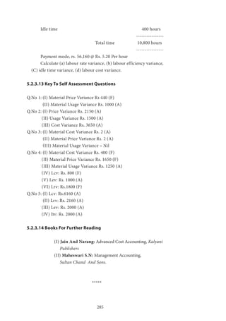 285
	 Idle time 						 400 hours
								----------------
					Total time		 10,800 hours
								----------------
	 Payment mode, rs. 56,160 @ Rs. 5.20 Per hour
	 Calculate (a) labour rate variance, (b) labour efficiency variance,
(C) idle time variance, (d) labour cost variance.
5.2.3.13 Key To Self Assessment Questions
Q.No 1: (I) Material Price Variance Rs 440 (F)
(II) Material Usage Variance Rs. 1000 (A)
Q.No 2: (I) Price Variance Rs. 2150 (A)
	 (II) Usage Variance Rs. 1500 (A)
	 (III) Cost Variance Rs. 3650 (A)
Q.No 3: (I) Material Cost Variance Rs. 2 (A)
	 (II) Material Price Variance Rs. 2 (A)
	 (III) Material Usage Variance – Nil
Q.No 4: (I) Material Cost Variance Rs. 400 (F)
	 (II) Material Price Variance Rs. 1650 (F)
	 (III) Material Usage Variance Rs. 1250 (A)
	 (IV) Lcv: Rs. 800 (F)
	 (V) Lev: Rs. 1000 (A)
	 (VI) Lrv: Rs.1800 (F)
Q.No 5: (I) Lcv: Rs.6160 (A)
	 (II) Lrv: Rs. 2160 (A)
	 (III) Lev: Rs. 2000 (A)
	 (IV) Itv: Rs. 2000 (A)
5.2.3.14 Books For Further Reading
	 	 (I) Jain And Narang: Advanced Cost Accounting, Kalyani 	
		 Publishers
		(II) Maheswari S.N: Management Accounting,
		 Sultan Chand And Sons.
*****
 