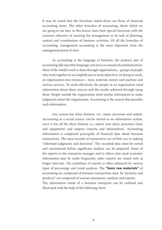 8
It may be noted that the functions stated above are those of financial
accounting alone. The other branches of accounting, about which we
are going to see later in this lesson, have their special functions with the
common objective of assisting the management in its task of planning,
control and coordination of business activities. Of all the branches of
accounting, management accounting is the most important from the
management point of view.
	 As accounting is the language of business, the primary aim of
accounting,likeanyotherlanguage,istoserveasameansofcommunication.
Most of the world’s work is done through organizations – groups of people
who work together to accomplish one or more objectives. In doing its work,
an organization uses resources – men, material, money and machine and
various services. To work effectively, the people in an organization need
information about these sources and the results achieved through using
them. People outside the organization need similar information to make
judgments about the organization. Accounting is the system that provides
such information.
	 Any system has three features, viz., input, processes and output.
Accounting as a social science can be viewed as an information system,
since it has all the three features i.e., inputs (raw data), processes (men
and equipment) and outputs (reports and information). Accounting
information is composed principally of financial data about business
transactions. The mere records of transactions are of little use in making
“informed judgments and decisions”. The recorded data must be sorted
and summarized before significant analysis can be prepared. Some of
the reports to the enterprise manager and to others who need economic
information may be made frequently; other reports are issued only at
longer intervals. The usefulness of reports is often enhanced by various
types of percentage and trend analyses. The “basic raw materials” of
accounting are composed of business transactions data. Its “primary end
products” are composed of various summaries, analyses and reports.
The information needs of a business enterprise can be outlined and
illustrated with the help of the following chart:
 