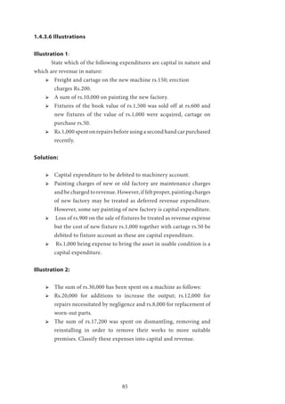 85
1.4.3.6 Illustrations
Illustration 1:
	 State which of the following expenditures are capital in nature and
which are revenue in nature:
ՖՖ 	Freight and cartage on the new machine rs.150; erection 		
charges Rs.200.
ՖՖ 	A sum of rs.10,000 on painting the new factory.
ՖՖ 	Fixtures of the book value of rs.1,500 was sold off at rs.600 and
new fixtures of the value of rs.1,000 were acquired, cartage on
purchase rs.50.
ՖՖ 	Rs.1,000 spent on repairs before using a second hand car purchased
recently.
Solution:
ՖՖ Capital expenditure to be debited to machinery account.
ՖՖ Painting charges of new or old factory are maintenance charges
and be charged to revenue. However, if felt proper, painting charges
of new factory may be treated as deferred revenue expenditure.
However, some say painting of new factory is capital expenditure.
ՖՖ Loss of rs.900 on the sale of fixtures be treated as revenue expense
but the cost of new fixture rs.1,000 together with cartage rs.50 be
debited to fixture account as these are capital expenditure.
ՖՖ Rs.1,000 being expense to bring the asset in usable condition is a
capital expenditure.
Illustration 2:
ՖՖ The sum of rs.30,000 has been spent on a machine as follows:
ՖՖ Rs.20,000 for additions to increase the output; rs.12,000 for
repairs necessitated by negligence and rs.8,000 for replacement of
worn-out parts.
ՖՖ The sum of rs.17,200 was spent on dismantling, removing and
reinstalling in order to remove their works to more suitable
premises. Classify these expenses into capital and revenue.
 