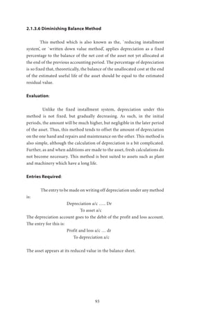93
2.1.3.6 Diminishing Balance Method
	 This method which is also known as the, `reducing installment
system’, or `written down value method’, applies depreciation as a fixed
percentage to the balance of the net cost of the asset not yet allocated at
the end of the previous accounting period. The percentage of depreciation
is so fixed that, theoretically, the balance of the unallocated cost at the end
of the estimated useful life of the asset should be equal to the estimated
residual value.
Evaluation:
	 Unlike the fixed installment system, depreciation under this
method is not fixed, but gradually decreasing. As such, in the initial
periods, the amount will be much higher, but negligible in the later period
of the asset. Thus, this method tends to offset the amount of depreciation
on the one hand and repairs and maintenance on the other. This method is
also simple, although the calculation of depreciation is a bit complicated.
Further, as and when additions are made to the asset, fresh calculations do
not become necessary. This method is best suited to assets such as plant
and machinery which have a long life.
Entries Required:
	 The entry to be made on writing off depreciation under any method
is:
			 Depreciation a/c ….. Dr
				To asset a/c
The depreciation account goes to the debit of the profit and loss account.
The entry for this is:
			 Profit and loss a/c … dr
			 To depreciation a/c
The asset appears at its reduced value in the balance sheet.
 