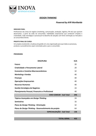 DESIGN THINKING
Powered by AYR Worldwide
INDICADO PARA:
Profissionais das áreas de negócio (marketing, comunicação, produção, logística, RH etc) que queiram
desenvolver, a partir da visão do consumidor, habilidades empresariais que combinam empatia e
criatividade, visão estratégica e processual no desenho de soluções com forte orientação ao mercado e
ao consumidor/cliente.
PROJETO FINAL DO CURSO:
Um projeto envolvendo a mudança de gestão em uma organização para que todos os processos,
produtos e procedimentos sejam orientados pelo e para o consumidor.
PROGRAMA
DISCIPLINA H/A
Futuro 20
Criatividade e Pensamento Lateral 20
Economia e Cenários Macroeconômicos 32
Marketing e Vendas 40
Finanças 40
Operações Empresariais 40
Recursos Humanos 40
Gestão Estratégica de Negócios 24
Planejamento Pessoal, Financeiro e Profissional 40
EIXO COMUM - Sub Total 296
Tópicos Avançados em Design Thinking 24
Seminários 16
Plano de Design Thinking - Orientação 32
Plano de Design Thinking - Desenvolvimento do projeto 64
ESPECIALIZAÇÃO - Sub Total 136
TOTAL GERAL 432
 