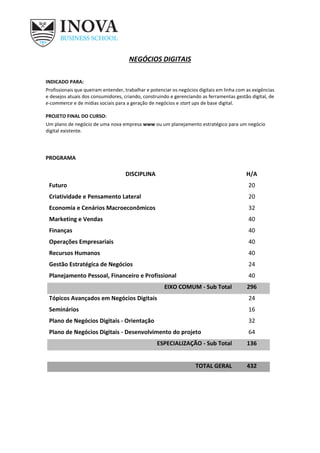 NEGÓCIOS DIGITAIS
INDICADO PARA:
Profissionais que queiram entender, trabalhar e potenciar os negócios digitais em linha com as exigências
e desejos atuais dos consumidores, criando, construindo e gerenciando as ferramentas gestão digital, de
e-commerce e de mídias sociais para a geração de negócios e start ups de base digital.
PROJETO FINAL DO CURSO:
Um plano de negócio de uma nova empresa www ou um planejamento estratégico para um negócio
digital existente.
PROGRAMA
DISCIPLINA H/A
Futuro 20
Criatividade e Pensamento Lateral 20
Economia e Cenários Macroeconômicos 32
Marketing e Vendas 40
Finanças 40
Operações Empresariais 40
Recursos Humanos 40
Gestão Estratégica de Negócios 24
Planejamento Pessoal, Financeiro e Profissional 40
EIXO COMUM - Sub Total 296
Tópicos Avançados em Negócios Digitais 24
Seminários 16
Plano de Negócios Digitais - Orientação 32
Plano de Negócios Digitais - Desenvolvimento do projeto 64
ESPECIALIZAÇÃO - Sub Total 136
TOTAL GERAL 432
 