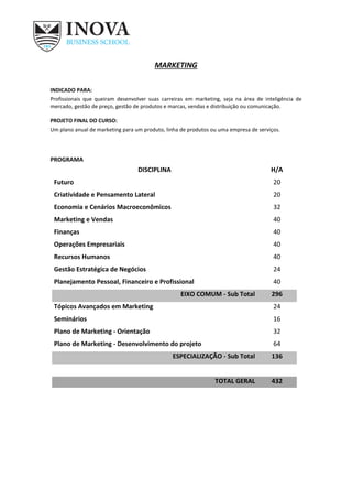 MARKETING
INDICADO PARA:
Profissionais que queiram desenvolver suas carreiras em marketing, seja na área de inteligência de
mercado, gestão de preço, gestão de produtos e marcas, vendas e distribuição ou comunicação.
PROJETO FINAL DO CURSO:
Um plano anual de marketing para um produto, linha de produtos ou uma empresa de serviços.
PROGRAMA
DISCIPLINA H/A
Futuro 20
Criatividade e Pensamento Lateral 20
Economia e Cenários Macroeconômicos 32
Marketing e Vendas 40
Finanças 40
Operações Empresariais 40
Recursos Humanos 40
Gestão Estratégica de Negócios 24
Planejamento Pessoal, Financeiro e Profissional 40
EIXO COMUM - Sub Total 296
Tópicos Avançados em Marketing 24
Seminários 16
Plano de Marketing - Orientação 32
Plano de Marketing - Desenvolvimento do projeto 64
ESPECIALIZAÇÃO - Sub Total 136
TOTAL GERAL 432
 