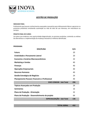 GESTÃO DE PRODUÇÃO
INDICADO PARA:
Profissionais que buscam conhecimentos avançados necessários para efetivamente liderar e gerenciar os
processos produtivos envolvendo automação ou mão de obra de uso intensivo, em manufatura ou
serviços.
PROJETO FINAL DO CURSO:
Um plano que enderece uma oportunidade diagnosticada, no processo produtivo, contendo as análises
de alternativas e a implementação da mudança necessária à melhoria identificada.
PROGRAMA
DISCIPLINA H/A
Futuro 20
Criatividade e Pensamento Lateral 20
Economia e Cenários Macroeconômicos 32
Marketing e Vendas 40
Finanças 40
Operações Empresariais 40
Recursos Humanos 40
Gestão Estratégica de Negócios 24
Planejamento Pessoal, Financeiro e Profissional 40
EIXO COMUM - Sub Total 296
Tópicos Avançados em Produção 24
Seminários 16
Plano de Produção - Orientação 32
Plano de Produção - Desenvolvimento do projeto 64
ESPECIALIZAÇÃO - Sub Total 136
TOTAL GERAL 432
 