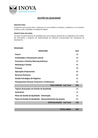 GESTÃO DA QUALIDADE
INDICADO PARA:
Profissionais que queiram fazer a diferença em uma ambiência complexa, competitiva e em constante
mudança, onde a qualidade é condição de negócio.
PROJETO FINAL DO CURSO:
Um plano de gerenciamento da qualidade para uma empresa, partindo de um diagnóstico com análise
das alternativas e programa de implementação de melhorias acompanhadas dos indicadores de
desempenho.
PROGRAMA
DISCIPLINA H/A
Futuro 20
Criatividade e Pensamento Lateral 20
Economia e Cenários Macroeconômicos 32
Marketing e Vendas 40
Finanças 40
Operações Empresariais 40
Recursos Humanos 40
Gestão Estratégica de Negócios 24
Planejamento Pessoal, Financeiro e Profissional 40
EIXO COMUM - Sub Total 296
Tópicos Avançados em Gestão da Qualidade 24
Seminários 16
Plano de Gestão da Qualidade - Orientação 32
Plano de Gestão da Qualidade - Desenvolvimento do projeto 64
ESPECIALIZAÇÃO - Sub Total 136
TOTAL GERAL 432
 