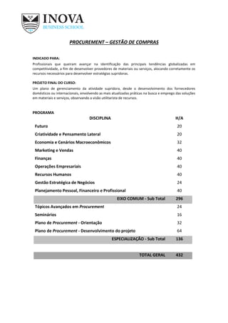 PROCUREMENT – GESTÃO DE COMPRAS
INDICADO PARA:
Profissionais que queiram avançar na identificação das principais tendências globalizadas em
competitividade, a fim de desenvolver provedores de materiais ou serviços, alocando corretamente os
recursos necessários para desenvolver estratégias supridoras.
PROJETO FINAL DO CURSO:
Um plano de gerenciamento da atividade supridora, desde o desenvolvimento dos fornecedores
domésticos ou internacionais, envolvendo as mais atualizadas práticas na busca e emprego das soluções
em materiais e serviços, observando a visão utilitarista de recursos.
PROGRAMA
DISCIPLINA H/A
Futuro 20
Criatividade e Pensamento Lateral 20
Economia e Cenários Macroeconômicos 32
Marketing e Vendas 40
Finanças 40
Operações Empresariais 40
Recursos Humanos 40
Gestão Estratégica de Negócios 24
Planejamento Pessoal, Financeiro e Profissional 40
EIXO COMUM - Sub Total 296
Tópicos Avançados em Procurement 24
Seminários 16
Plano de Procurement - Orientação 32
Plano de Procurement - Desenvolvimento do projeto 64
ESPECIALIZAÇÃO - Sub Total 136
TOTAL GERAL 432
 