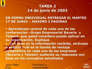 MBA
Javier Yáñez
M.Sc.
Formulación e
Implementación
2003
EN FORMA INDIVIDUAL ENTREGAR EL MARTES
17 DE JUNIO – MAXIMO 2 PAGINAS
• Aprendizaje central de cada una de las
conferencias –Grupo Empresarial Bavaria y
Teleset- que usted considera puede aplicar en
su organización. Explique
• Con base en la información recibida, atrévase
a señalar cuál es la fuente de ventaja
competitiva en cada una de las empresas
(Bavaria y Teleset) sustente su respuesta con
base en los conceptos estudiados
TAREA 2
14 de junio de 2003
 