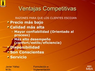 MBA
Javier Yáñez
M.Sc.
Formulación e
Implementación
2003
Ventajas CompetitivasVentajas Competitivas
RAZONES PARA QUE LOS CLIENTES ESCOJAN
Precio más bajo
Calidad más alta
– Mayor confiabilidad (Orientado al
proceso)
– Más alto desempeño
(confort/estilo/eficiencia)
Disponibilidad
Son Conscientes
Servicio
 