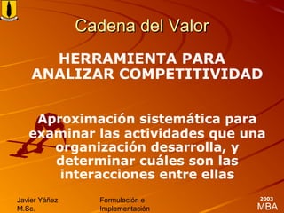MBA
Javier Yáñez
M.Sc.
Formulación e
Implementación
2003
Cadena del ValorCadena del Valor
HERRAMIENTA PARA
ANALIZAR COMPETITIVIDAD
Aproximación sistemática para
examinar las actividades que una
organización desarrolla, y
determinar cuáles son las
interacciones entre ellas
 