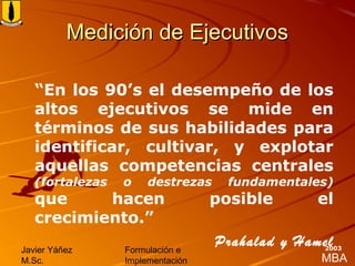 MBA
Javier Yáñez
M.Sc.
Formulación e
Implementación
2003
Medición de EjecutivosMedición de Ejecutivos
“En los 90’s el desempeño de los
altos ejecutivos se mide en
términos de sus habilidades para
identificar, cultivar, y explotar
aquellas competencias centrales
(fortalezas o destrezas fundamentales)
que hacen posible el
crecimiento.”
Prahalad y Hamel
 